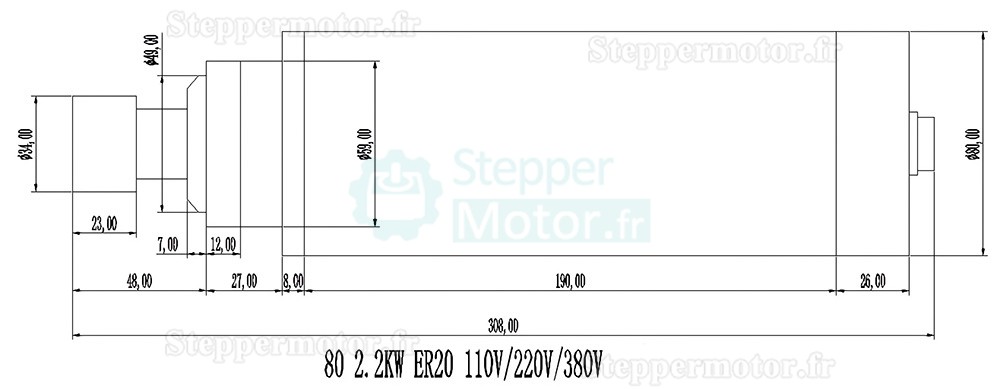 2,2kW 110V/220V Kit moteur de broche refroidi par air 80-2.2KW-ER20 + H100-2.2 avec variateur de fr&eacute;quence (VFD) et 13 pi&egrave;ces pinces ER20